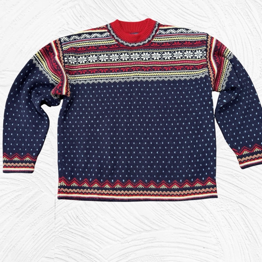 Vintage Lands End Nordic Fair Isle 100% Wool Sweater Sz M Snowflake Hong Kong‎